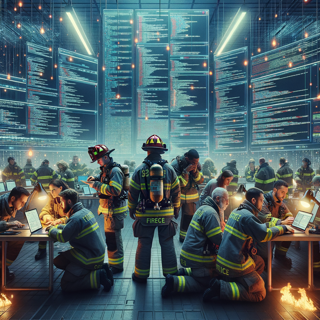 Bomberos luchando contra fallas en sistemas de tecnología