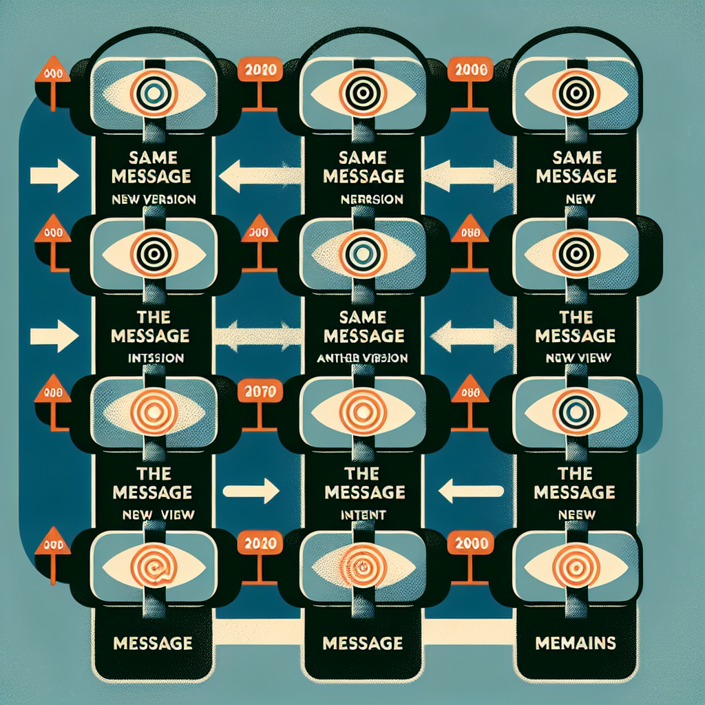 Mismo mensaje, nueva versión
El mensaje persiste
Mismo mensaje, otra visión
Mensaje intacto, nueva versión
Manteniendo el mensaje
El mensaje permanece
